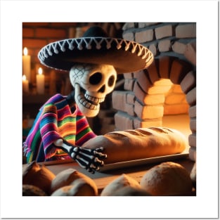 Mexican skeleton baking bread Posters and Art